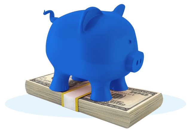 blue piggy standing on top of bill
